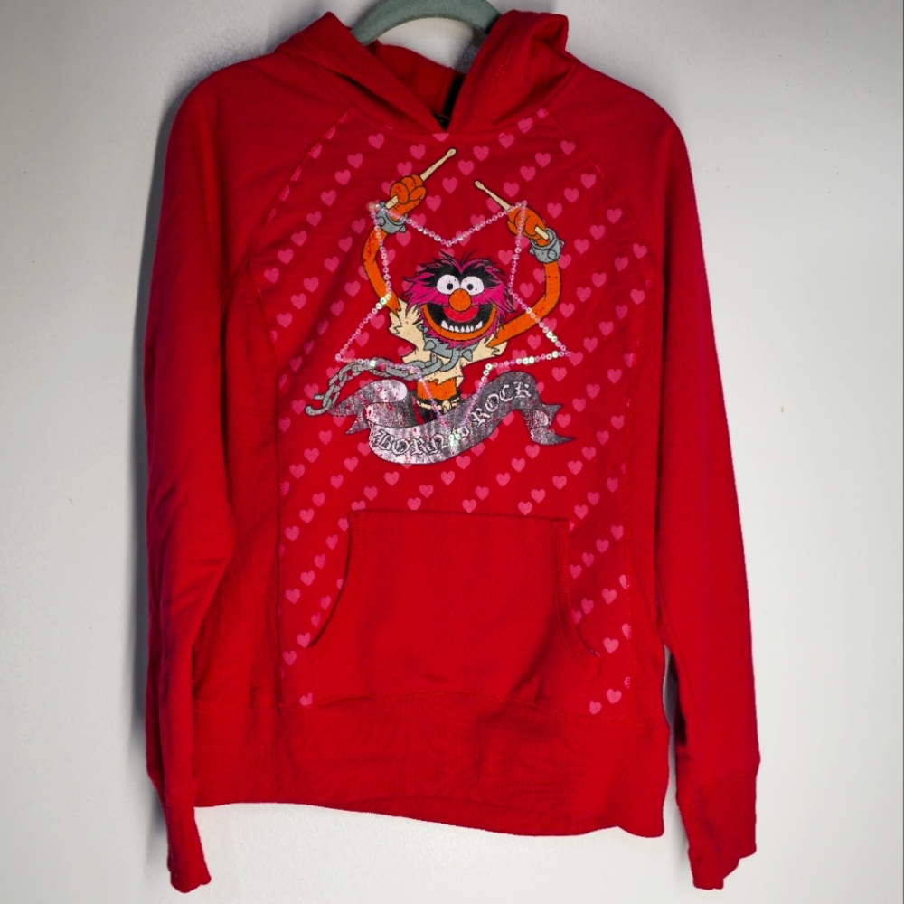 NWT The Muppets Red Animal on Drums Pullover Hooded SWEATSHIRT Juniors XL(15/17)